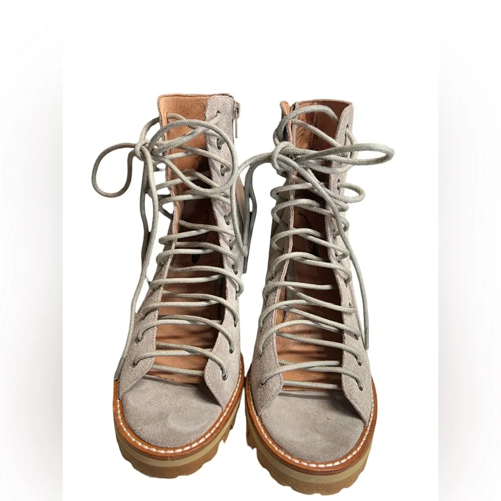 Jeffrey Campbell Free People NWOT Taupe Suede Open Front Lace up 4.5” Heel Shoes - Picture 3 of 11